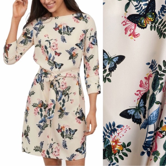 H&M Cream Blue & Pink Butterfly Floral Printed 3/4 Sleeve Belted Boatneck Dress - Picture 16 of 17